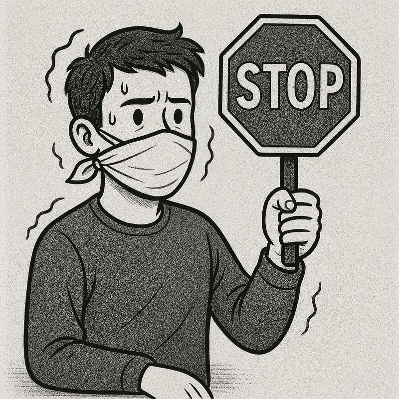 Člověk s páskou přes ústa drží ceduli STOP